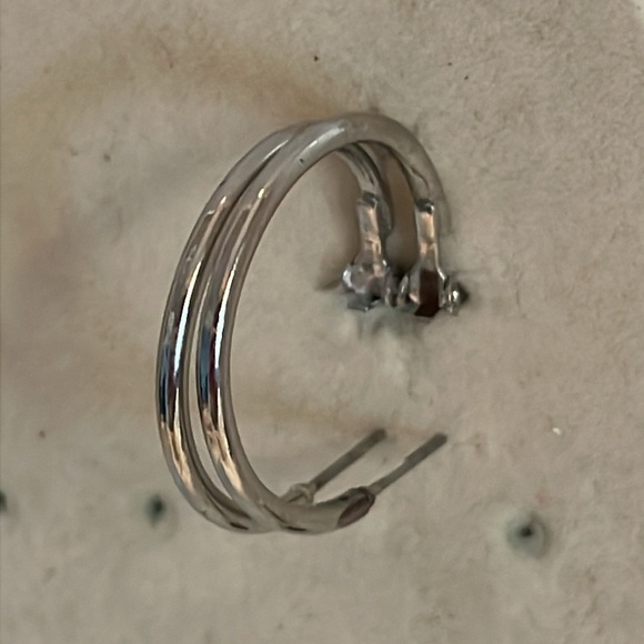 1 1/8” silver tone hoop earrings with Omega back closures - Picture 4 of 10